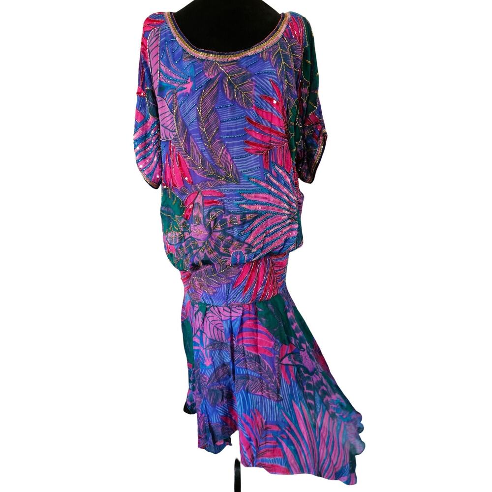 Judith Ann Creations Silk Beaded Sequin Dress Tropical 80s Vintage